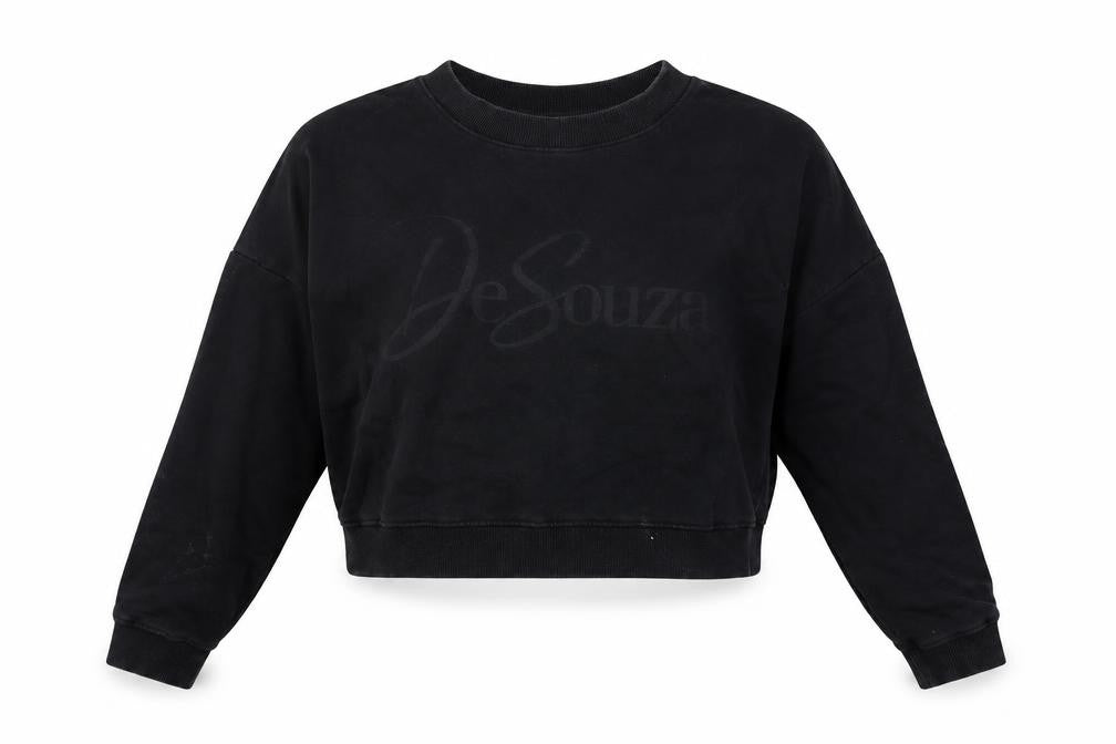 Front view of De Souza women’s black cotton pullover sweatshirt, size S, pullover