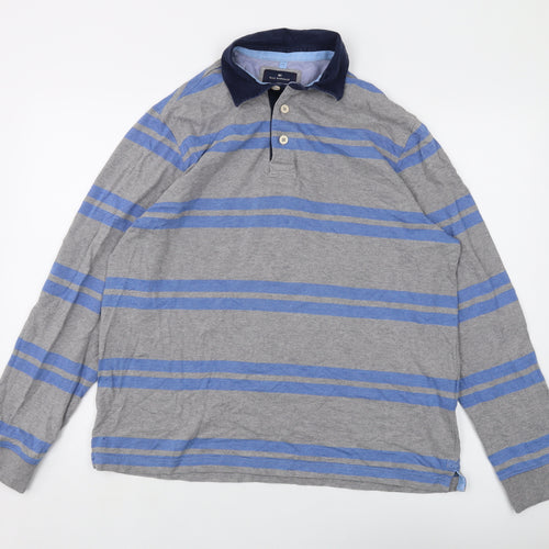 Blue Harbour Mens Grey Striped Cotton Polo Size L Collared Button