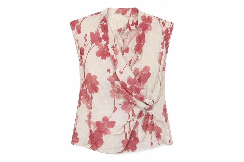 Front view of Joyce women’s beige geometric polyester wrap blouse, size UK 12, v-neck
