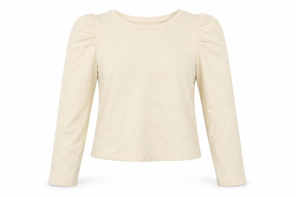 Front view of Zara women’s beige cotton pullover sweatshirt, size S, pullover