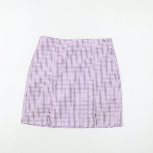 Pull&Bear Womens Purple Plaid Polyester Mini Skirt Size S Zip