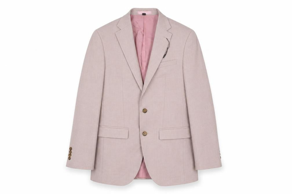 Front view of Marks & Spencer men’s pink polyester jacket suit, size 36, regular