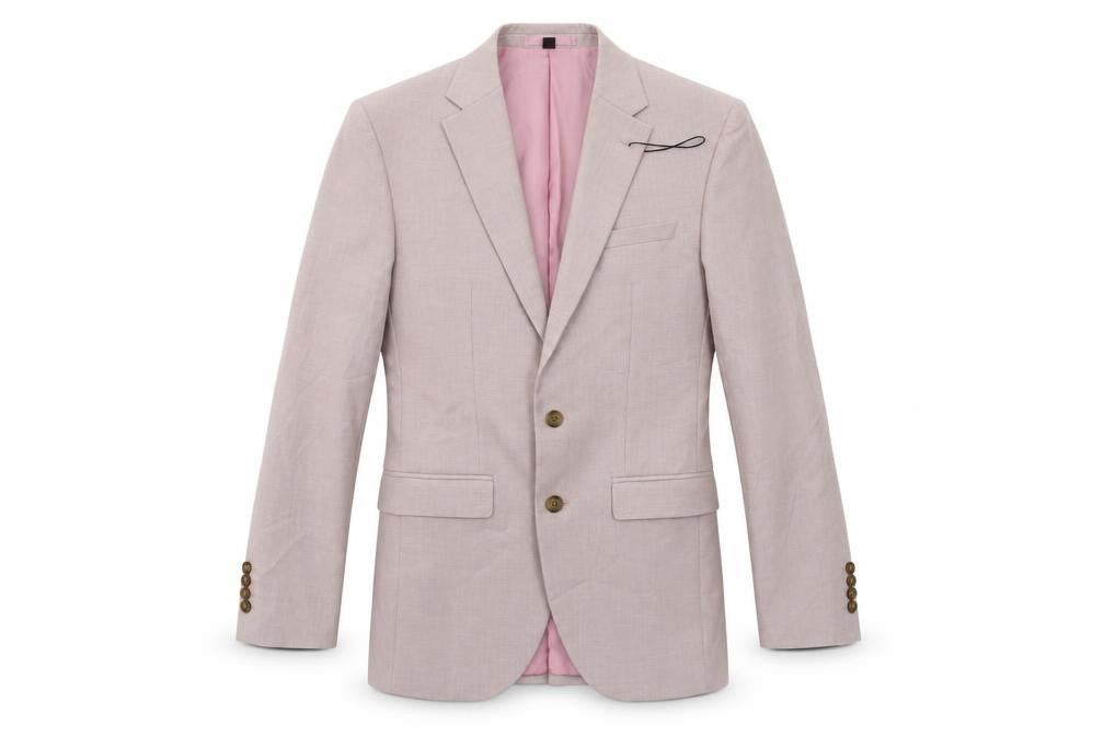 Front view of Marks & Spencer men’s pink polyester jacket suit jacket, size 36, regular