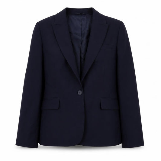 Front view of Marks & Spencer women’s blue jacket, size UK 12, button