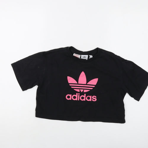 adidas Girls Black Cotton Cropped T-Shirt Size 9-10 Years Crew Neck Pullover