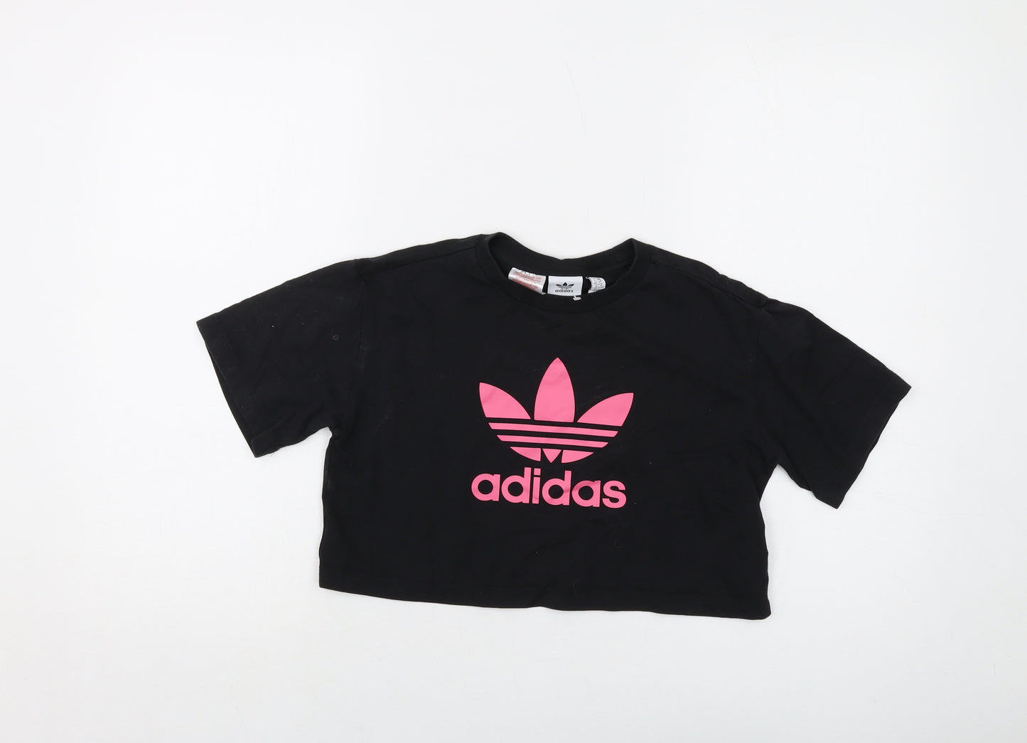 adidas Girls Black Cotton Cropped T-Shirt Size 9-10 Years Crew Neck Pullover