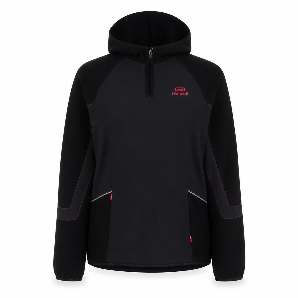 Front view of Decathlon women’s black polyester pullover sweatshirt, size UK 8, zip - logo, embroidered
