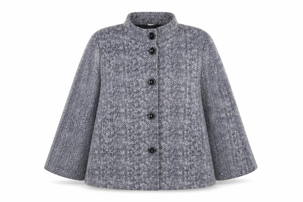 Front view of Anne De Lancay women’s grey geometric jacket, size M, button