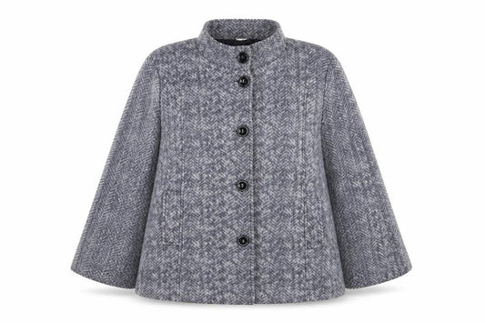 Front view of Anne De Lancay women’s grey geometric jacket, size M, button