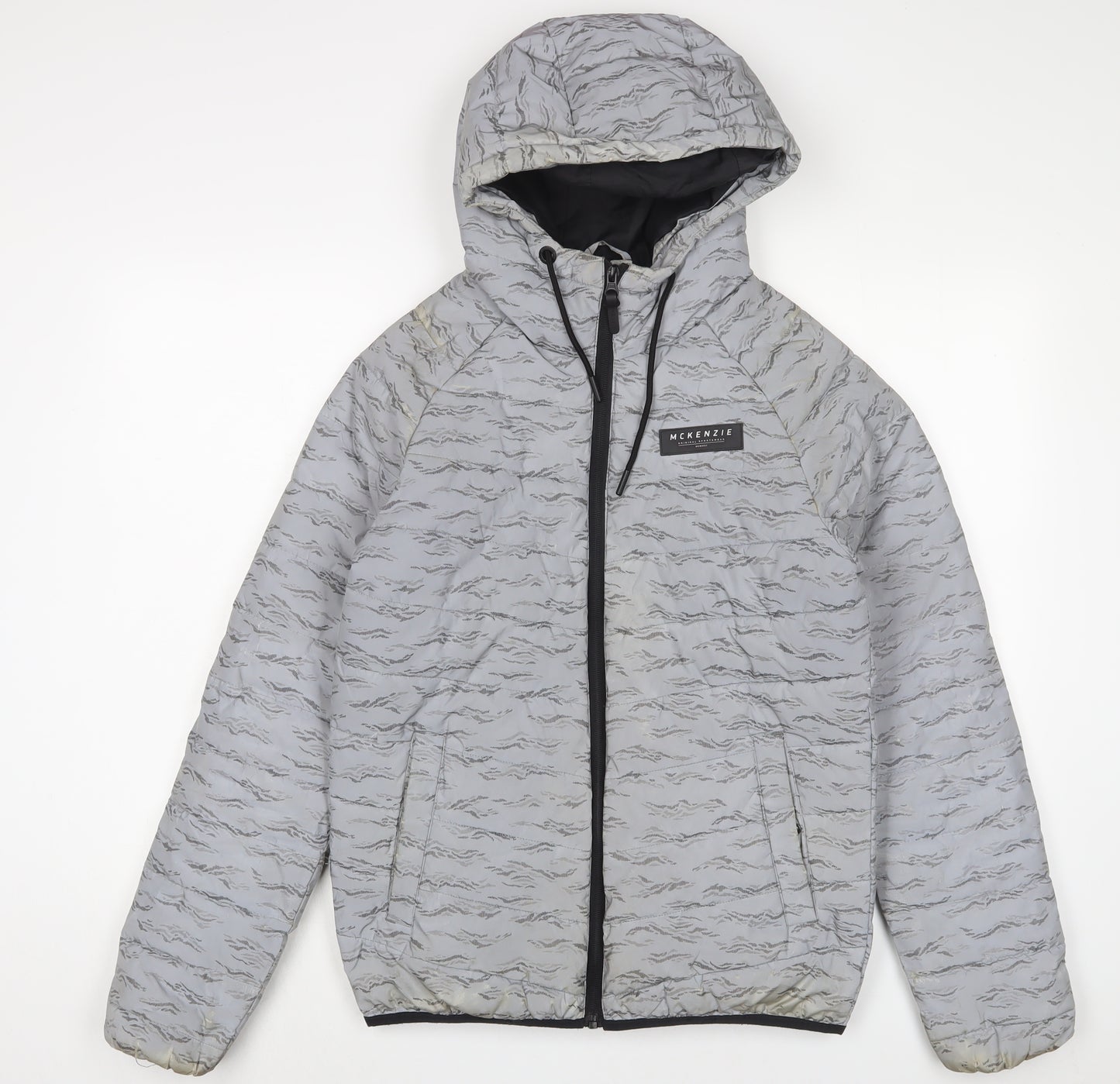 McKenzie Mens Grey Geometric Puffer Jacket Coat Size S Zip - Reflective