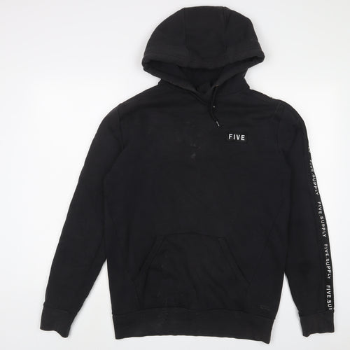 FIVE Mens Black Cotton Pullover Hoodie Size M - Embroidered