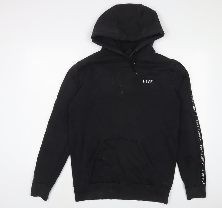 FIVE Mens Black Cotton Pullover Hoodie Size M - Embroidered