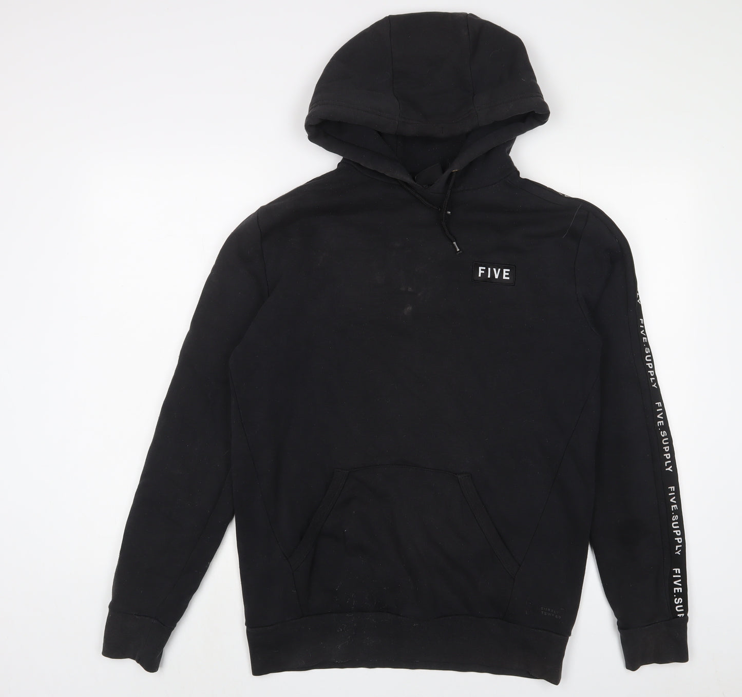 FIVE Mens Black Cotton Pullover Hoodie Size M - Embroidered