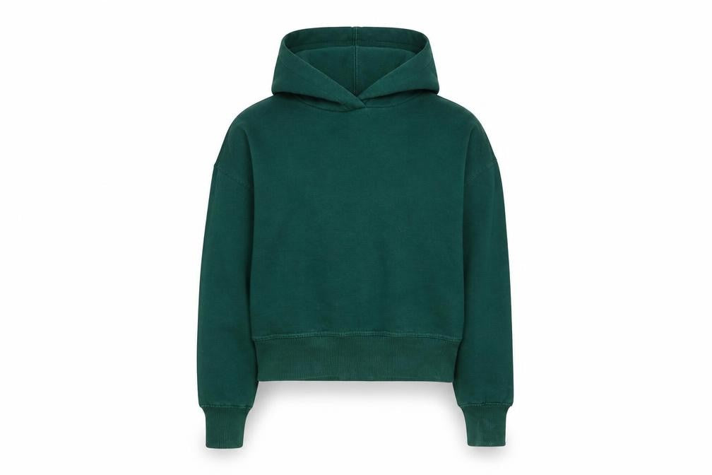 Front view of Zara women’s green cotton pullover hoodie, size S, pullover