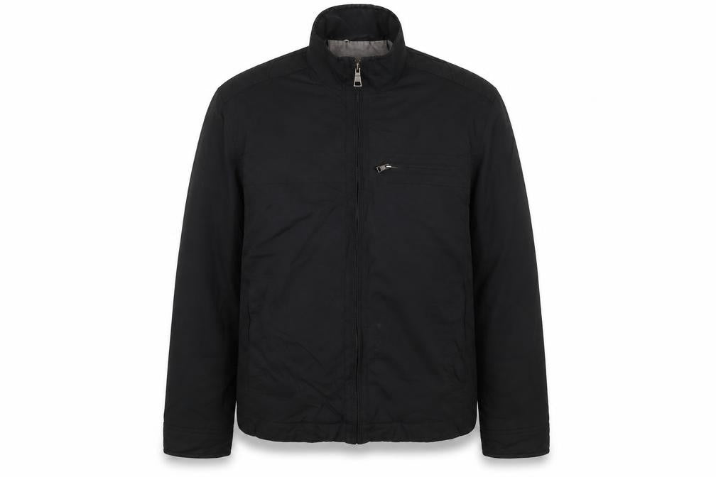 Front view of Autograph men’s black jacket coat, size M, zip