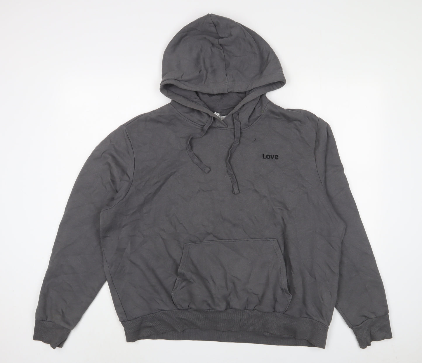 H&M Womens Grey Cotton Pullover Hoodie Size L Pullover - Love, Embroidered