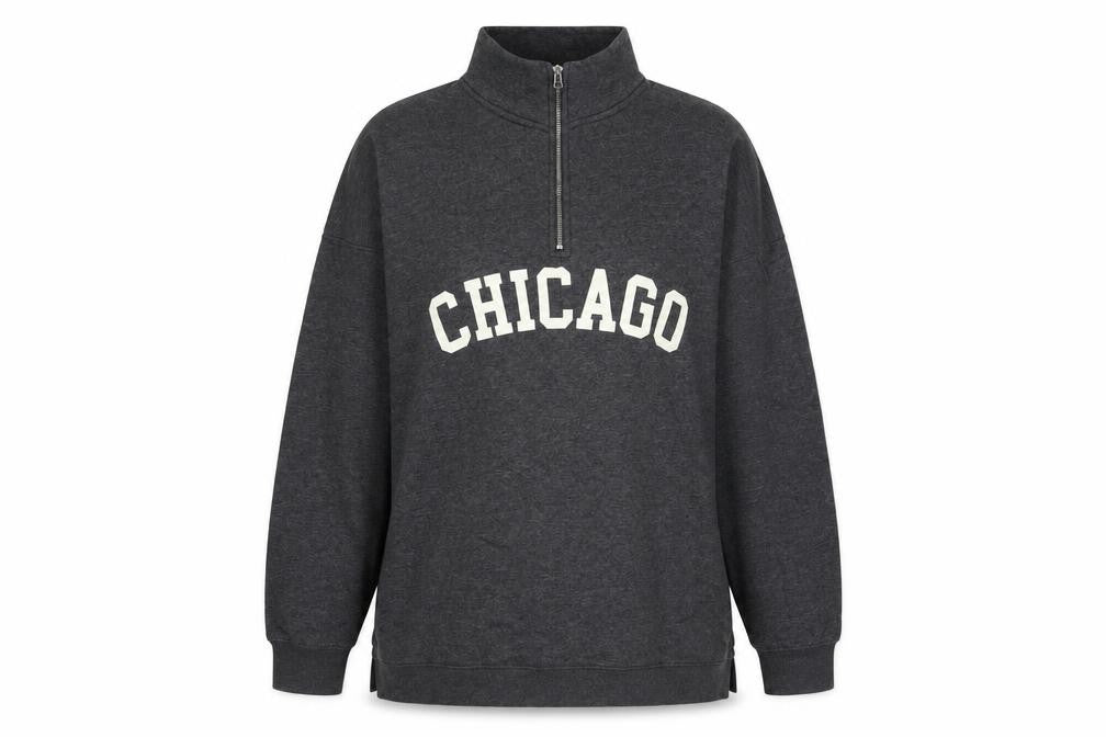 Front view of Boohoo women’s grey cotton pullover sweatshirt, size UK 16, zip - chicago