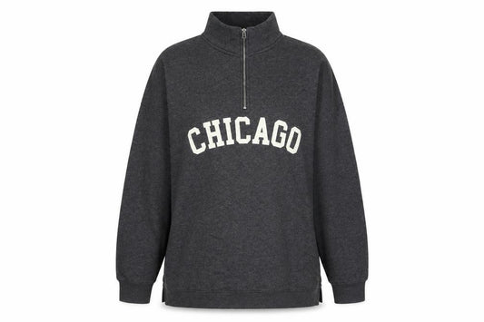 Front view of Boohoo women’s grey cotton pullover sweatshirt, size UK 16, zip - chicago