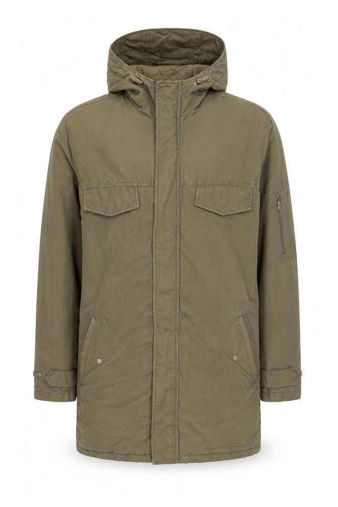 Front view of Linea men’s green jacket coat, size S, zip