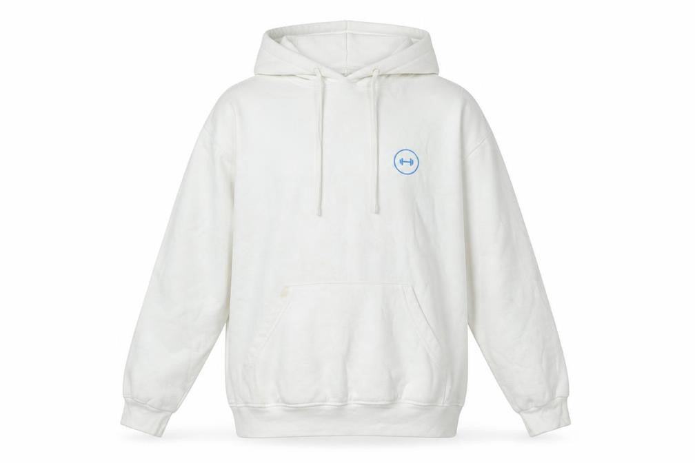 Front view of Uneek men’s white polyester pullover hoodie, size M, - logo