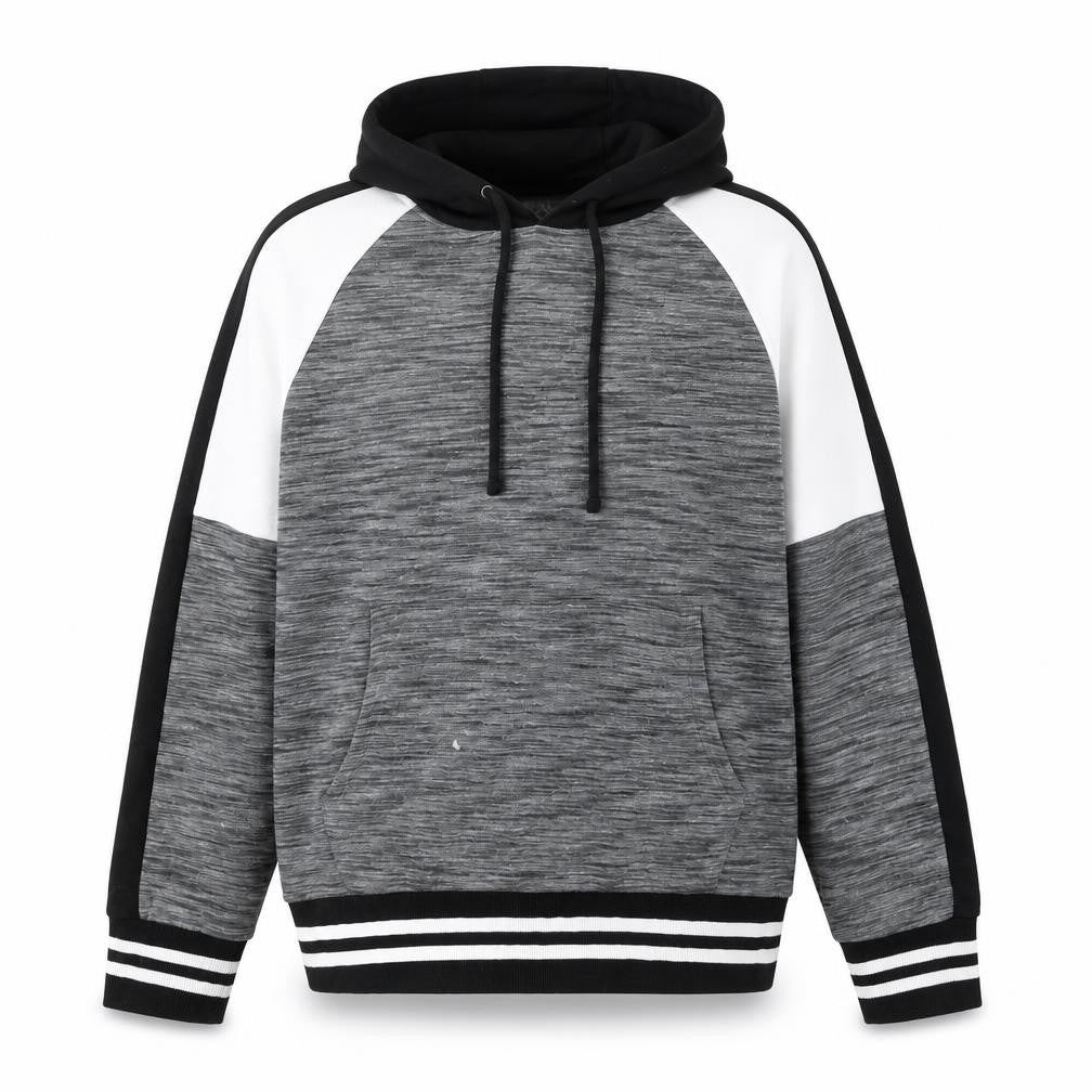 Front view of Souluxe men’s grey polyester pullover hoodie, size L, - logo