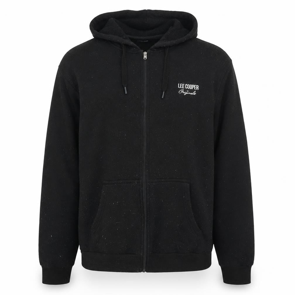Front view of Lee Cooper men’s black jacket, size XL, zip - logo