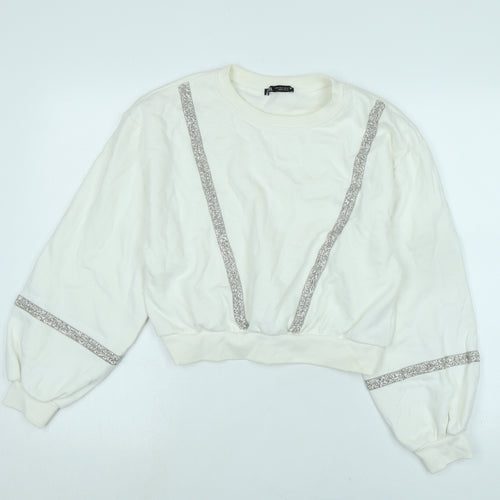 Zara Womens White Polyester Pullover Sweatshirt Size S - Glitter beading