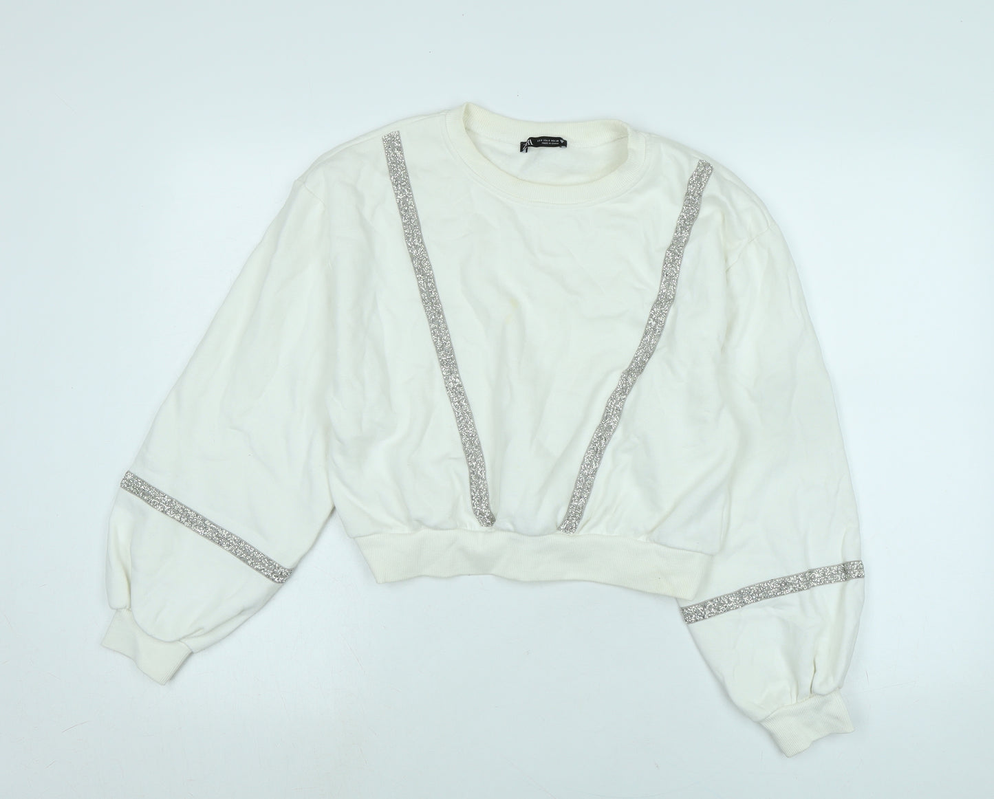 Zara Womens White Polyester Pullover Sweatshirt Size S - Glitter beading