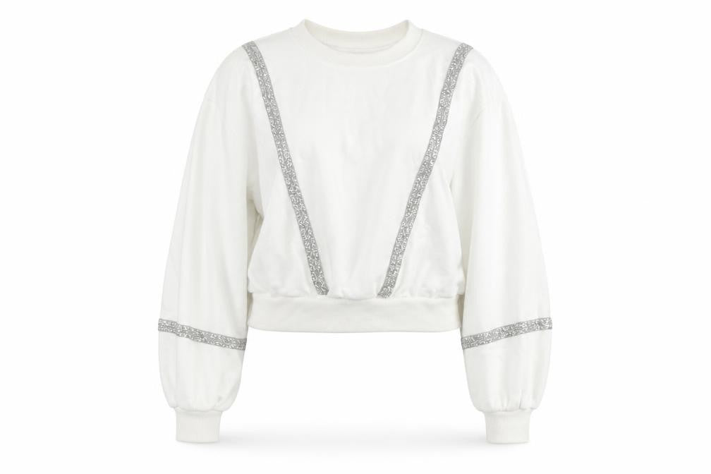 Front view of Zara women’s white polyester pullover sweatshirt, size S, - glitter beading
