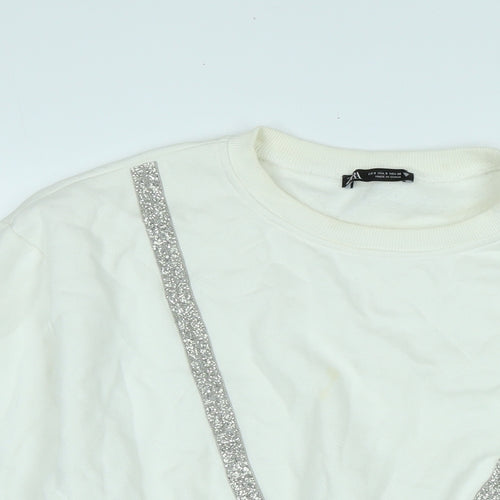 Zara Womens White Polyester Pullover Sweatshirt Size S - Glitter beading