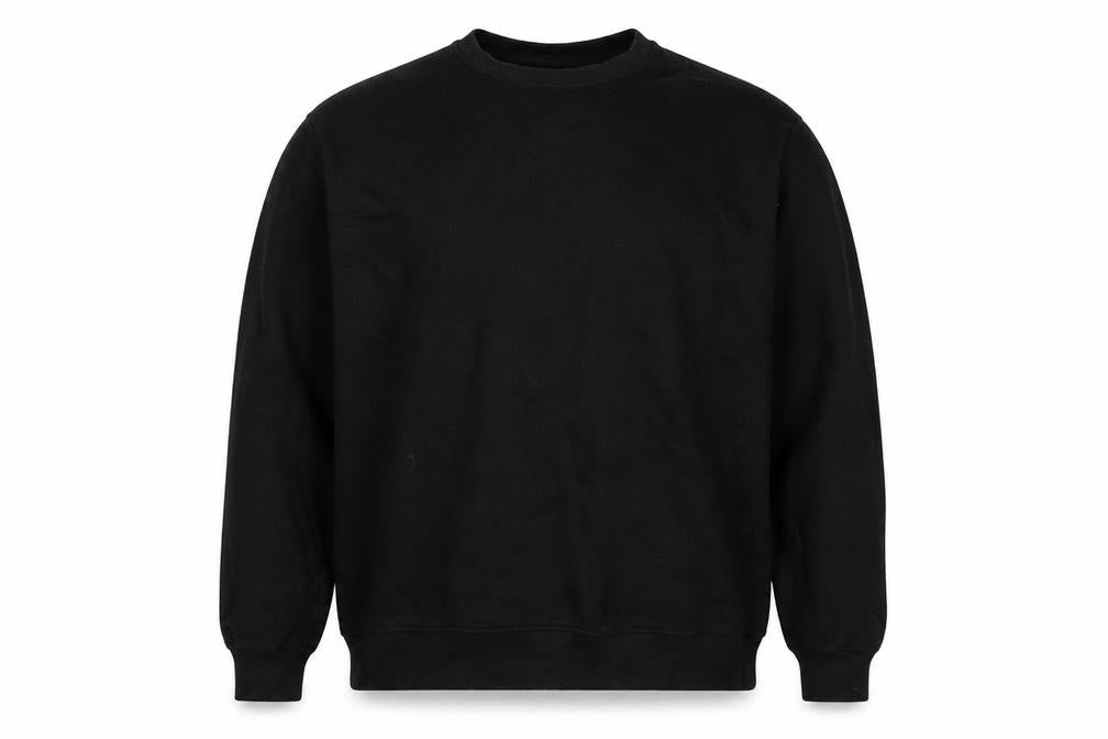Front view of H&M men’s black polyester pullover sweatshirt, size M