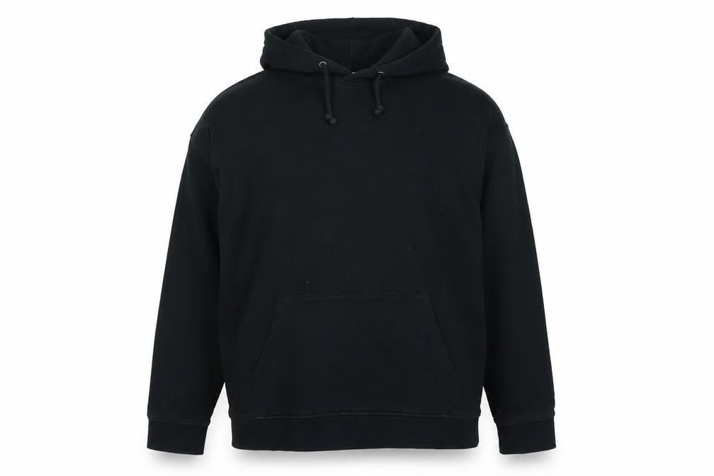 Front view of Topman men’s black polyester pullover hoodie, size M