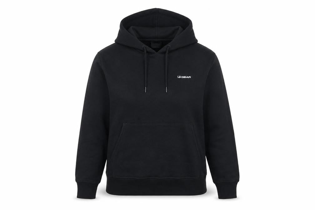 Front view of LA Gear women’s black polyester pullover hoodie, size UK 10