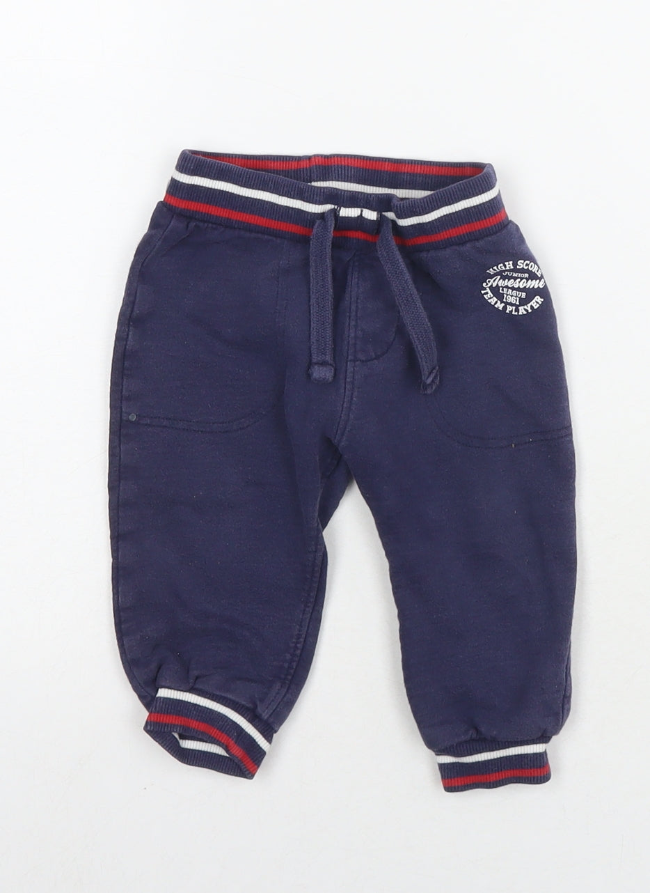 Mothercare Boys Blue Cotton Jogger Trousers Size 9-12 Months Drawstring