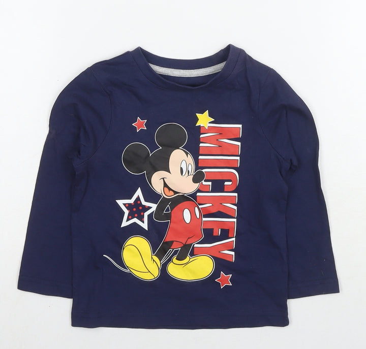 Disney Boys Blue Cotton Basic T-Shirt Size 18-24 Months Round Neck Pullover - Mickey Mouse