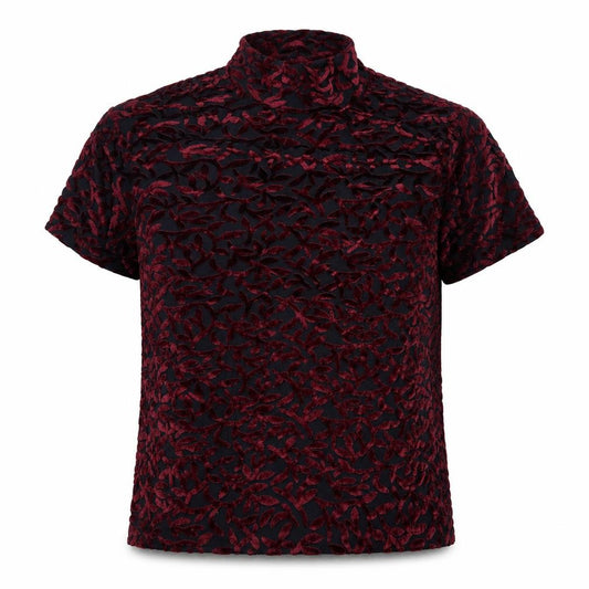 Front view of Frazier Lawrence women’s red geometric polyester basic t-shirt, size L, round neck