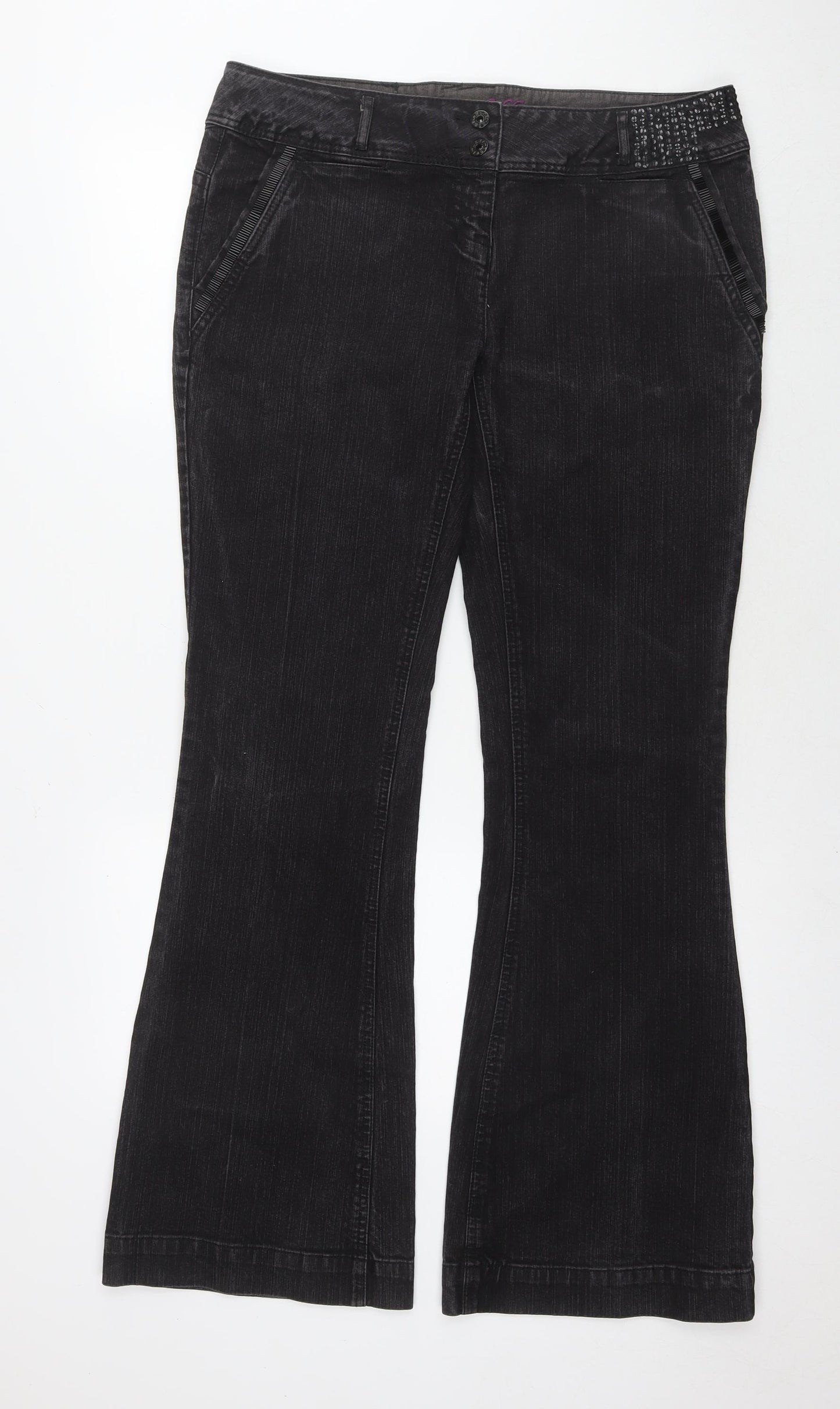 NEXT Womens Black Cotton Flared Jeans Size 14 L32 in Regular Zip - Sequin Detail