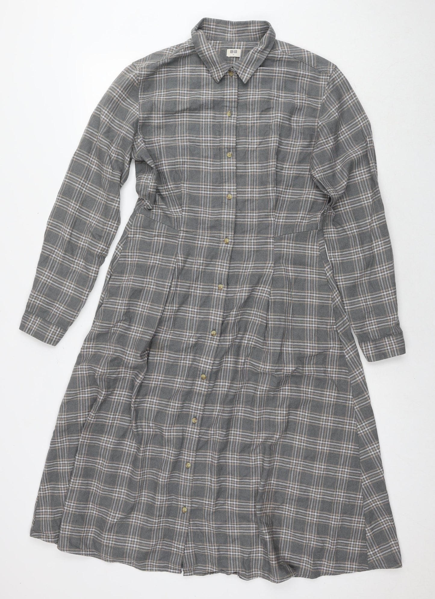 Uniqlo Womens Grey Check Cotton Shirt Dress Size XS Collared Button