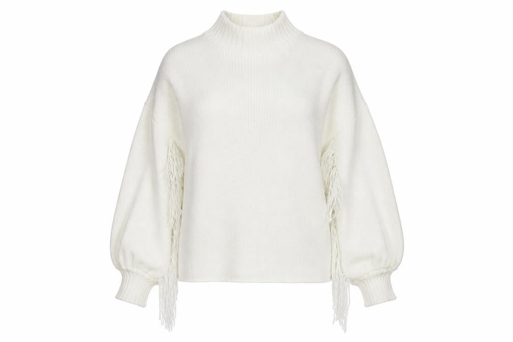 Front view of Missguided women’s white round neck acrylic jumper, size UK 16