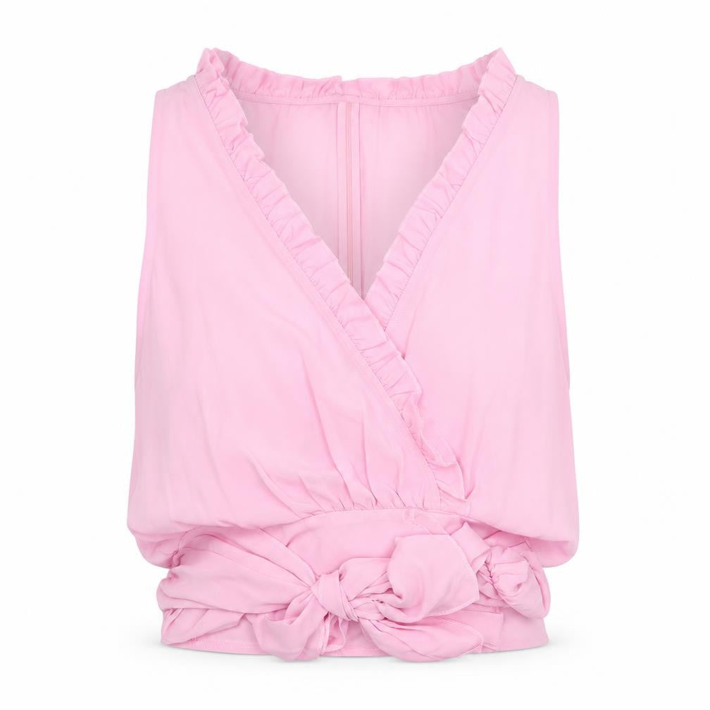 Front view of PRETTYLITTLETHING women’s pink polyester basic blouse, size UK 30, v-neck