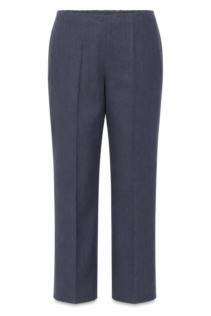 Front view of Marks & Spencer women’s blue polyester trousers, size UK 12, 26-inch leg regular