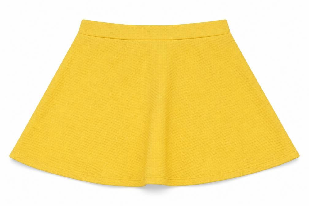 Front view of H&M women’s yellow polyester swing skirt, size M