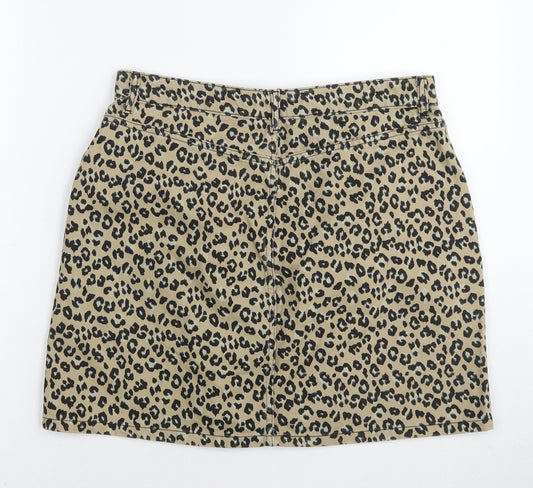 Topshop Womens Beige Animal Print Cotton A-Line Skirt Size 16 Zip