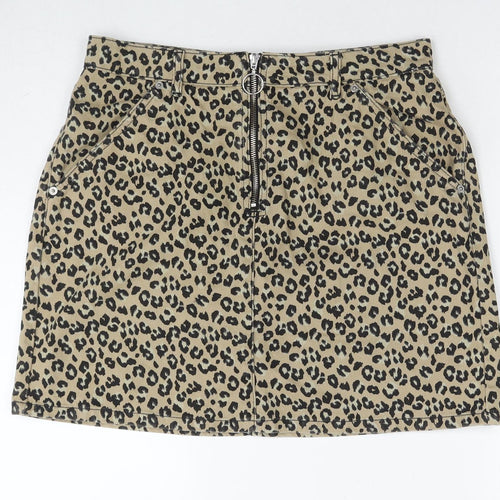 Topshop Womens Beige Animal Print Cotton A-Line Skirt Size 16 Zip