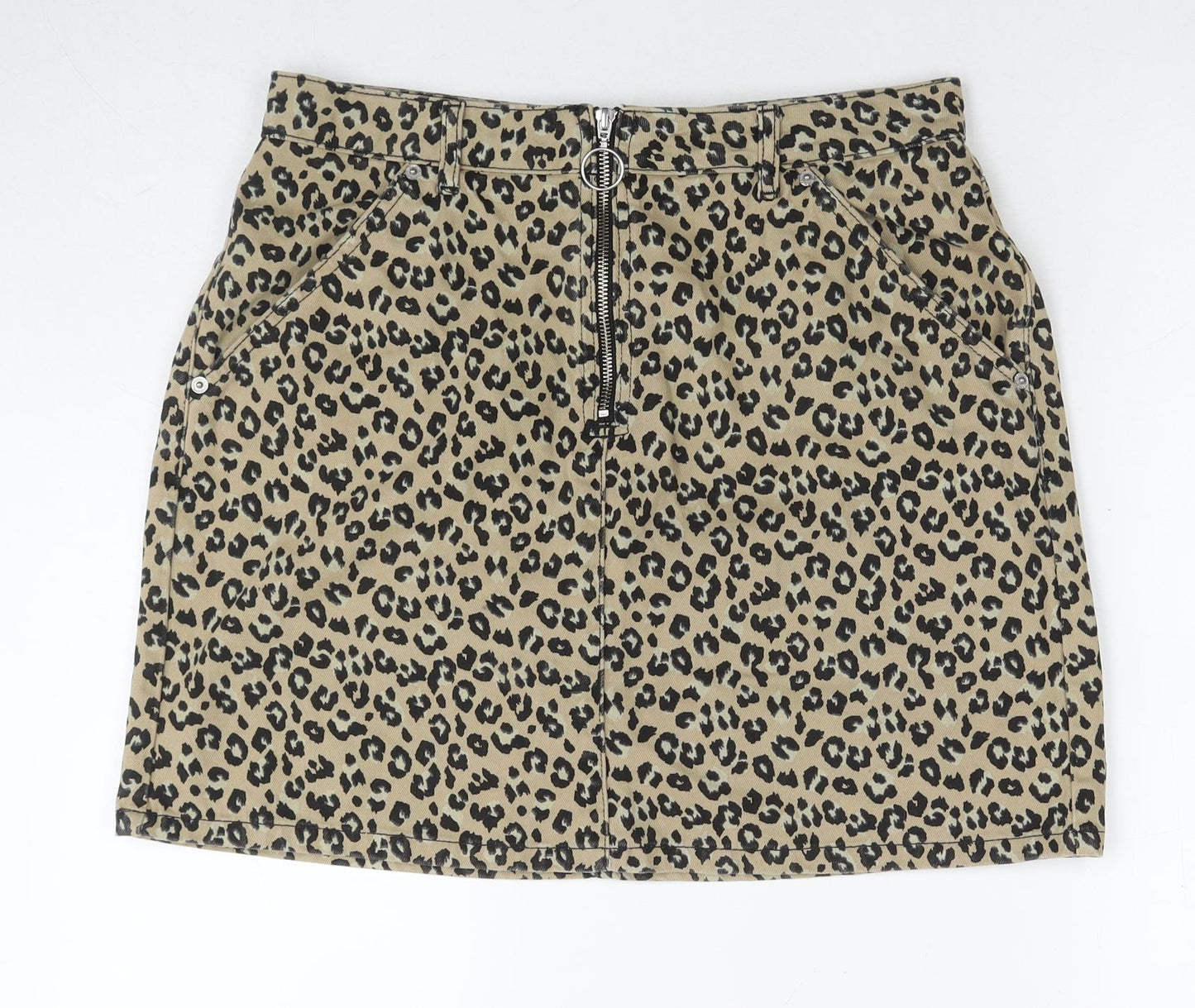 Topshop Womens Beige Animal Print Cotton A-Line Skirt Size 16 Zip