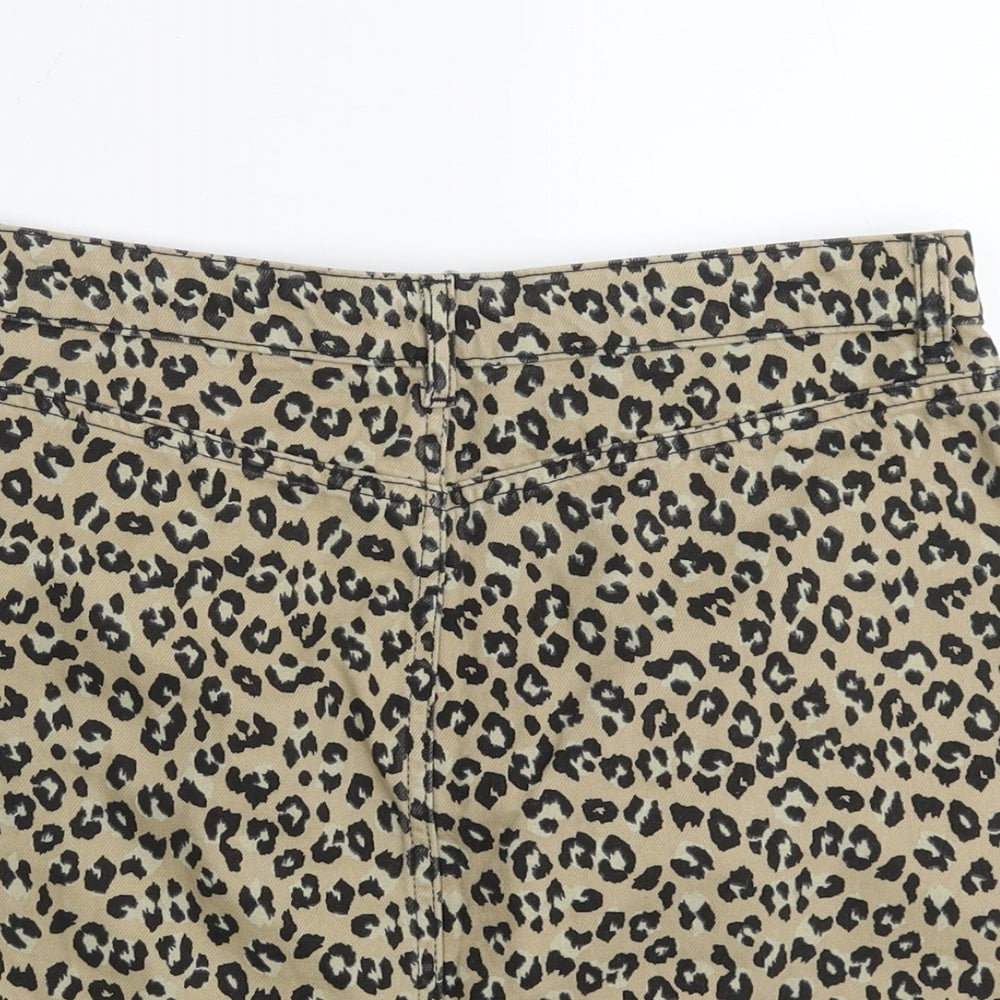 Topshop Womens Beige Animal Print Cotton A-Line Skirt Size 16 Zip