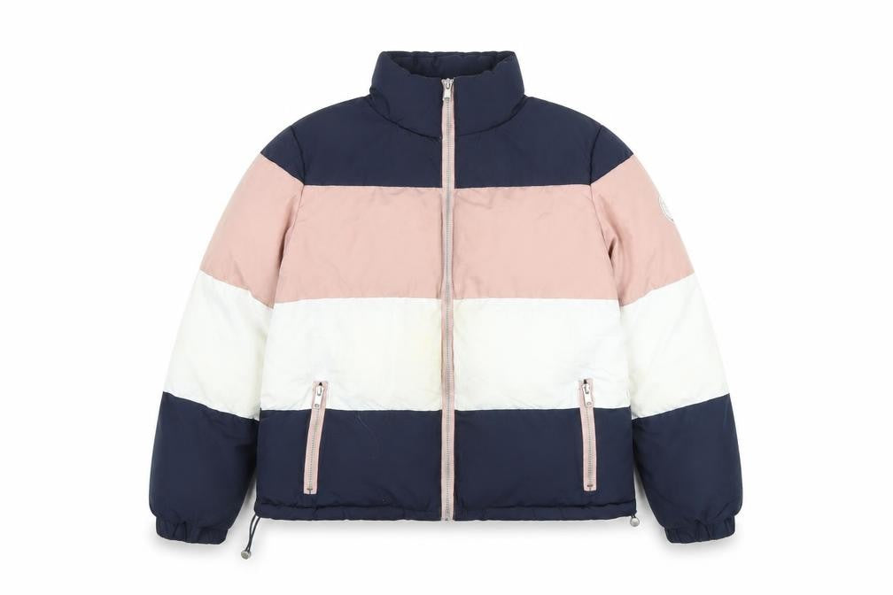 Front view of Greencoast women’s blue puffer jacket coat, size M, zip