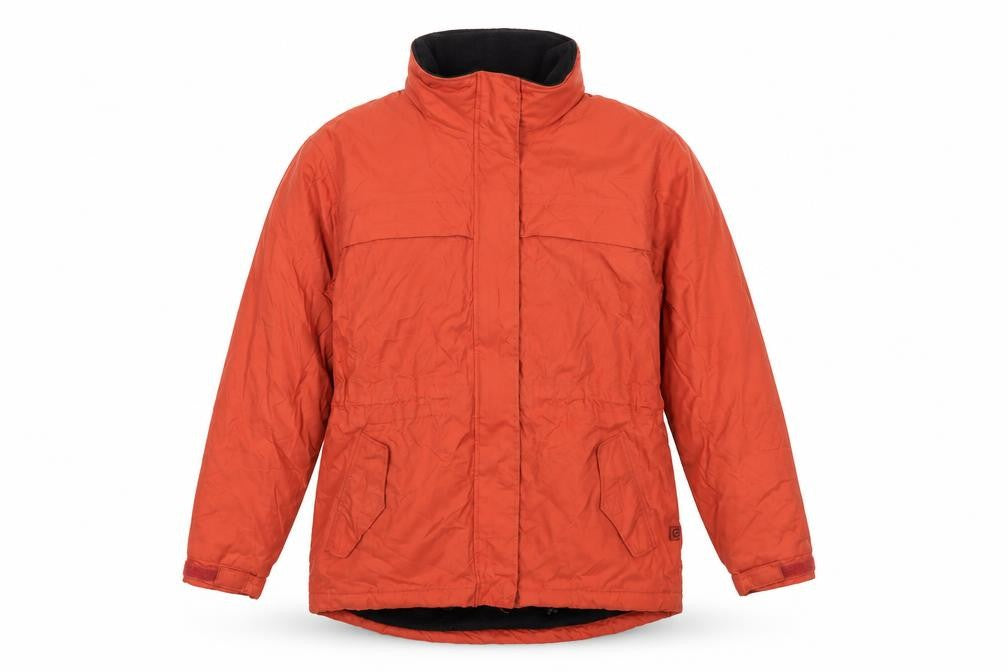 Front view of Hawkshead men’s orange rain coat coat, size M, zip