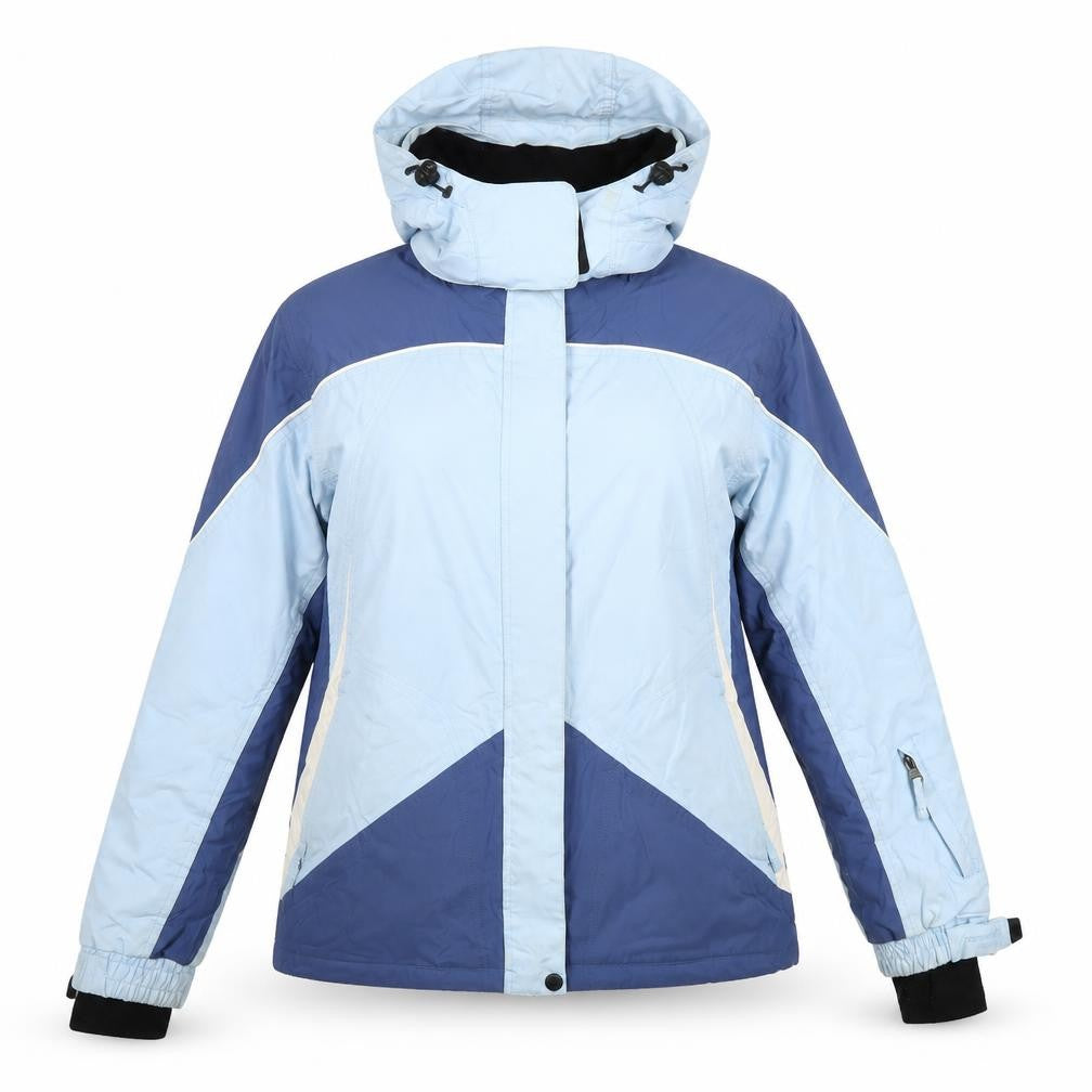 Front view of Hi-Tec women’s blue rain coat coat, size L, zip