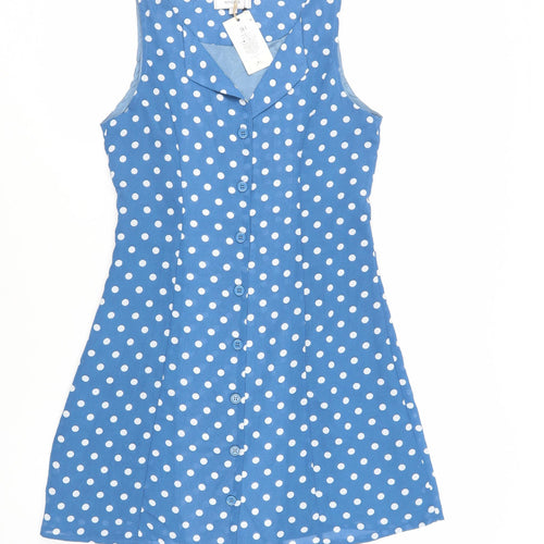 Rihoas Womens Blue Polka Dot Polyester A-Line Size S V-Neck Button